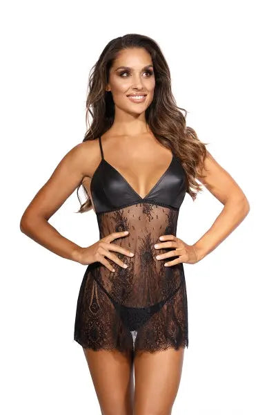 Nuisette dentelle et wetlook noire V-9789 - Axami Axami